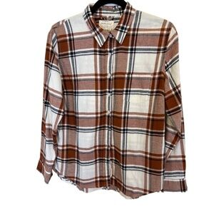 Weatherproof Vintage Women's Flannel Shirt Stretch Brown White Plaid Size M